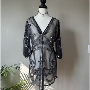 Temperley London Ornate Black And Silver Sequin Beaded Sheer Mesh Dress - US 10